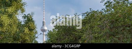 Panoramabild des Berliner Fernsehturms, der aus dichtem Sommerlaub hervorgeht, bei Tageslicht unter teilweise bewölktem Himmel fotografiert. Stockfoto