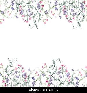 Nahtloser horizontaler quadratischer Rand oder Banner mit rosa lila Wildblumen. Handgezeichnete Aquarellillustration auf weißem isoliertem Hintergrund. Sommer Stockfoto