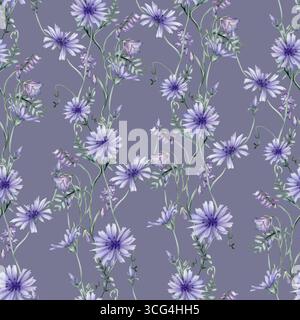 Aquarell nahtloser Muster Hintergrund - Illustration mit grünen Blättern und blauen lila Zichorien Wildfield Kräuter Blumen. Hochzeitseinladungen, Mode Stockfoto