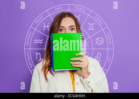 Schockierte junge Frau, die weißes Poster in den Händen hält, mit Sternzeichen-astrologischem Kreis isoliert auf Fliederhintergrund Stockfoto