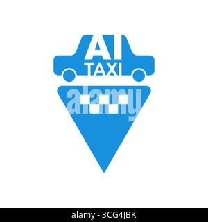 Vector AI Taxi Logo mit Positionsnadel und Auto-Silhouette. Die Abbildung zeigt intelligente Navigation, autonomes Fahren und zukünftige Transportmöglichkeiten Stock Vektor
