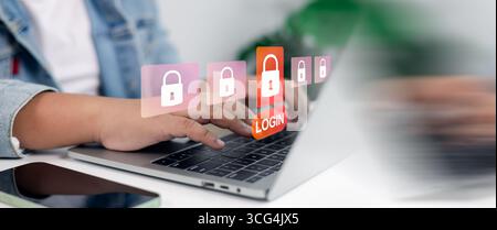 Person, die sich am Laptop mit digitalen Vorhängeschloss-Symbolen und sicherer Anmeldetaste anmeldet. Konzept der Cybersicherheit, zwei-Faktor-Authentifizierung, Datenschutz, p Stockfoto