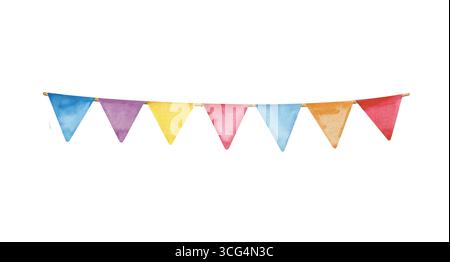 Eine Girlande aus bunten handgezeichneten Fahnen. Aquarellabbildung auf weißem Hintergrund. Ein dekoratives Element für den Urlaub. Clipart Stockfoto