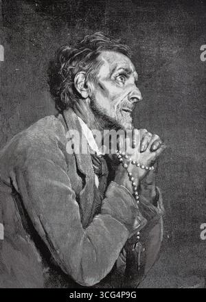 Gebet für den Verstorbenen, alter Mann, der mit einem Rosenkranz betet, 1888, Frankreich, historisch, digital restaurierte Reproduktion eines Originals aus dem 19. Jahrhundert, Rekorddatum nicht angegeben Stockfoto