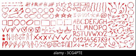 Roter Buntstift handgezeichnetes Doodle-Alphabet, Pfeil und Stern, Check und Linie, Rahmen und Blasen. Vektorsatz von Skizzensymbolen, abc, Zahlen, Häkchen, Satzzeichen, Kreise, Buchstaben für Infografiken Stock Vektor