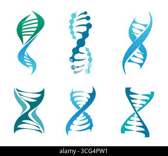 DNA-Helix-Symbole, Genom-Spiralsymbole der Wissenschaft Forschung, Gentechnologie. Vektorsatz von DNA-Spiralen. Wissenschaftliche Laborsignale für Forschung, Innovation und medizinischen Fortschritt im Biotechnologie-Labor Stock Vektor