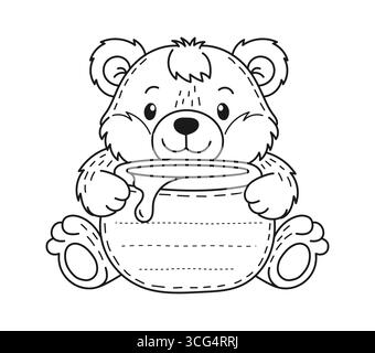 Notizzettel für Kinder mit lustigem niedlichem Bärentier mit Honigtopf und gefüttertem Schreibbereich. Vektorvorlage für Kinder Malseite, Infoblatt, Nachrichten, Notizbuch, Bullet Journal Stock Vektor