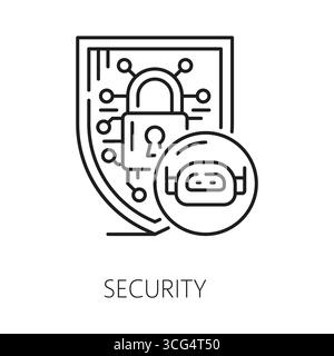 Dünnes Symbol oder Symbol der RPA-Sicherheitstechnologie. RPA-Umrissvektorzeichen des Unternehmens, lineares Symbol für Roboterinnovationen. Sicherheitssymbol oder Piktogramm für die Prozessautomatisierung in der Industrie mit Schild, Vorhängeschloss und Bot Stock Vektor