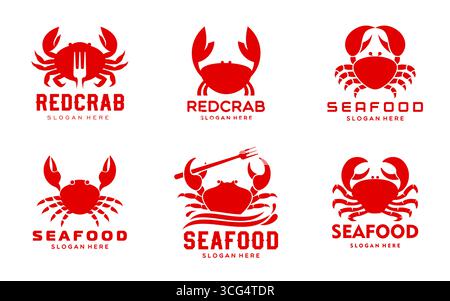 Krabben, Meeresfrüchte, Ikonen von Meeresfrüchten, Restaurants, Geschäften oder Fischmärkten. Vektorrote Silhouetten von Krabbentieren mit erhöhten Krallen, Gabeln und Wasserwellen. Mediterrane Küche, Symbole von Meeresmuscheln Stock Vektor