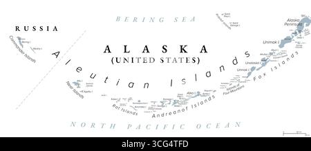 Aleuten Inseln, graue politische Karte. Bogenförmige Archipel, die meisten gehören zum US-Bundesstaat Alaska, während die Commander Islands zu Russland gehören. Stockfoto