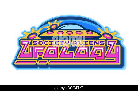 Space Aliens ufology Retro Y2K-Symbol oder -Symbol. Galaxy Extraterrestrial Life UFO Y2K Vektorzeichen, Space Invader Vintage Ikone. SCI-FI-Emblem mit fliegender Untertasse und abstrakter futuristischer rosa Typographie Stock Vektor