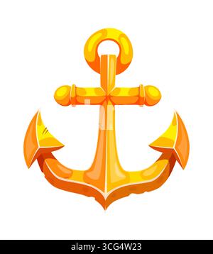 Goldene Cartoon-Schiffsanker karibische Piraten oder Korsaren für Abenteuer auf dem Meer, nautische Spiele oder verspielte Geschichten auf dem Meer. Isolierte Vektor-Marineanker-Ausrüstung von alten Segelbooten Stock Vektor