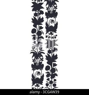Streifenmuster mit schwarzer Silhouette, Blumen der kanarischen Inseln. Nahtloser, vertikaler Rand mit einfarbigem, handgezeichnetem Millefleur Stock Vektor