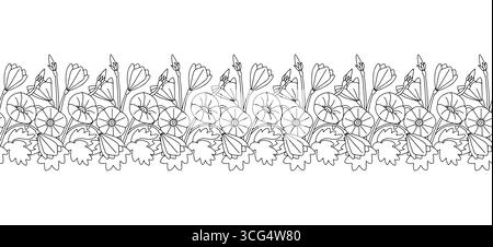 Streifenmuster mit schwarz-weißen Strichgrafiken kanarische Inseln Blumen Malve Bindweed. Nahtloser Blumenrand mit einfarbigem, handgezeichnetem Millefleur Stock Vektor
