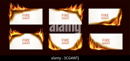Realistischer Effekt brennender Flammen auf Papierbanner mit verbrannten Kanten und Ecken des 3D-Vektors. Horizontale Papierbanner und Kartenvorlagen mit realistischen brennenden Flammen, Funken und Gluten Stock Vektor