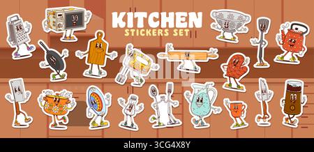 Groovige Küchenutensilien und Kochgeschirr mit Aufklebern. Cartoon Retro Hippie Küchengeschirr Vektorfiguren von niedlichen groovigen Löffel, Gabel und Messer, Kochtopf und Tasse. Psychedelische Küchenwerkzeuge Stock Vektor