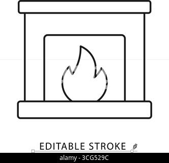 Symbol für Kaminlinie mit bearbeitbarem Strich. Vektorumriss des klassischen Mantels mit brennender Flamme. Minimalistisches Symbol für gemütliches Zuhause, Hotel, Lounge, Winter Stock Vektor