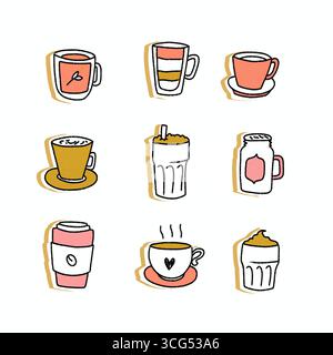 Illustration Set farbenfrohe, handgezeichnete Kaffeeelemente wie Latte, Espresso, Cappuccino, Tassen und Tassen Stockfoto
