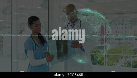 Röntgenfilme und Stethoskope in der Klinik untersuchen, Team in Uniformen, das 3D-Globus-Datenüberlagerung ansieht Stockfoto