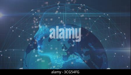 Anzeige des Drahtmodell-Kopfprofils und des digitalen Globus im virtuellen Netzwerk mit Linien und Datenknoten Stockfoto