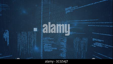 Floating Code Panels, Binärfluss, Raster und klare Blöcke, die im Cyberspace mit leuchtenden Knoten abdriften Stockfoto