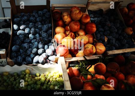 Frische Pflaumen, Pfirsiche und Trauben werden auf einem lokalen Markt in Holzkisten ausgestellt. Stockfoto