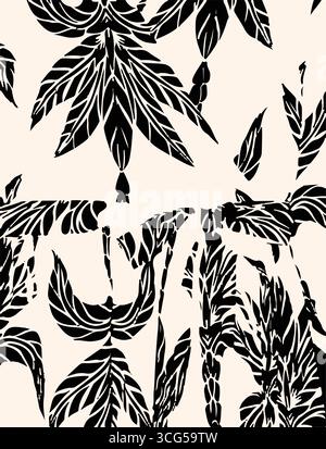 Bunte Muster mit tropischen Pflanzen, Blumen, Blütenzweigen und Blättern auf hellblauem Hintergrund. Laub exotischer Pflanzen im Sommer für Banner, Stock Vektor
