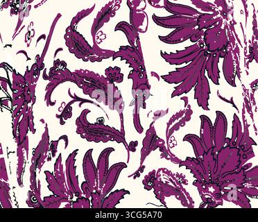 Bunte Muster mit tropischen Pflanzen, Blumen, Blütenzweigen und Blättern auf hellblauem Hintergrund. Laub exotischer Pflanzen im Sommer für Banner, Stock Vektor