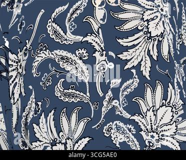 Bunte Muster mit tropischen Pflanzen, Blumen, Blütenzweigen und Blättern auf hellblauem Hintergrund. Laub exotischer Pflanzen im Sommer für Banner, Stock Vektor