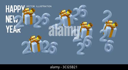 Set mit 2026 Neujahrsnummern mit Geschenkbox. Stock Vektor