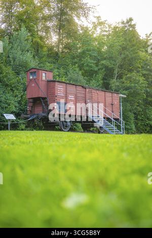 Historischer Güterwagen in grüner Umgebung mit Sommerbäumen, Nagold, Bezirk Calw, Schwarzwald, Deutschland Stockfoto