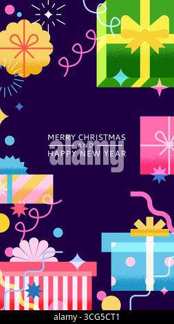 Vektor vertikale Feiertagsfahne mit mehrfarbigen Geschenkboxen Rahmen, helles Feuerwerk und Konfetti. Designelemente für Partyeinladungen, GREE Stock Vektor