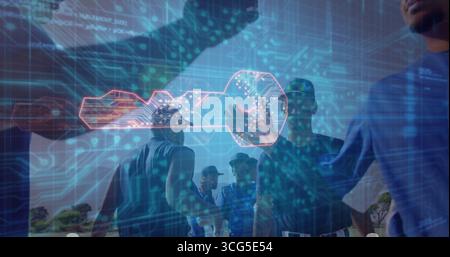 Digitale Schlüssel, die über dem Baseballteam schweben, in Trikots, die sich auf dem Spielfeld tummeln, mit Schaltungen Stockfoto