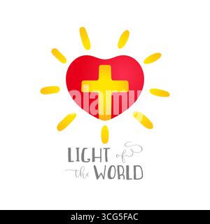 Rotes Herz und gelbes Kreuz darin, kreative Sonne. Religiöses Emblem. Glänzendes Herz. Licht der Welt - christliches Symbol. T-Shirt-Grafik Stock Vektor