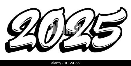2025 im Graffiti-Pinselschriftstil. Vektorkalenderbanner auf weiß isoliert. Designelement Neujahr. Stock Vektor