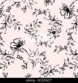 Niedliches Vintage-Blumenmuster aus rosa kleinen Pionarosen mit grünen Blättern, ditsy und ziemlich schlichtem Vibe. Romantische Blumen und kleine Blumen. Stock Vektor