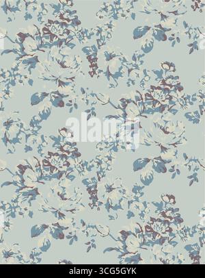 Niedliches Vintage-Blumenmuster aus rosa kleinen Pionarosen mit grünen Blättern, ditsy und ziemlich schlichtem Vibe. Romantische Blumen und kleine Blumen. Stock Vektor