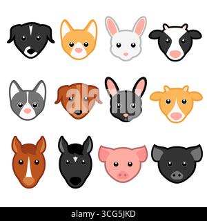 Kawaii nettes Bauernhof Haustiere Illustrationsset. Zeichentrickhunde, Katzen, Kaninchen, Kühe, Pferde und Schweine. Stock Vektor