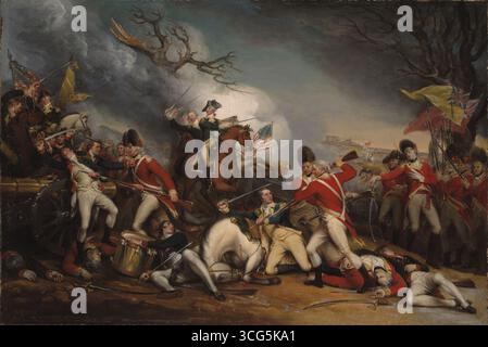 John Trumbull - Yale University Art Gallery - der Tod von General Mercer in der Schlacht von Princeton, 3. Januar 1777 zeigt mehrere Ereignisse in der Schlacht von Princeton. In der Mitte wird der amerikanische General Hugh Mercer, mit seinem Pferd unter ihm, tödlich verwundet. Links steht der Amerikaner Daniel Neil mit Bajonett gegen eine Kanone. Rechts wird der britische Captain William Leslie tödlich verwundet dargestellt. Im Hintergrund treten General George Washington und Doktor Benjamin Rush in die Szene. - Stockfoto