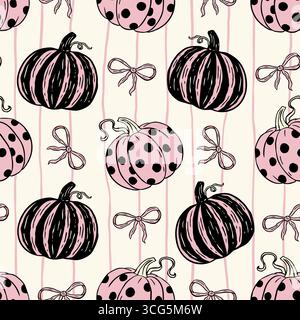 Retro Halloween Schwarz Rosa Kürbis Coquette Skurrile Nahtlose Muster Vektor Hintergrund Vintage Streifen Stock Vektor