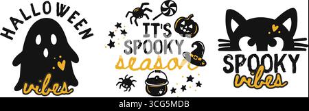 Halloween Party Katze Geist skurrile Kinder Druck Text Banner Text Happy Halloween Vektor T-Shirt Poster Set Stock Vektor
