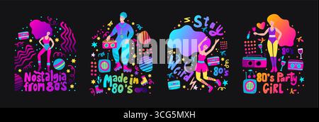 Retro Musik Party Poster Drucken Menschen mit Boombox 80er 90er Jahre Hintergrund Print Set Happy Pop Tanz Vektor Stock Vektor