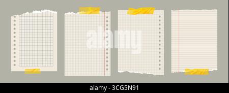 Copybook Notizbuch Notizblock gerissenes Papier mit Washi Tape Strip Raster Liniert Quadrat Plan Seite gerissenes Papier Vektor Notiz Set Stock Vektor