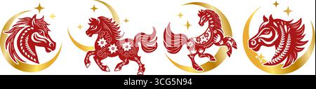 Mondpferd Chinesische Neujahrskultur Zodiac Asiatisch 2026 Traditionelle Kunst Event Feier China Urlaub Oriental Vektor Set Grußkarte Stock Vektor