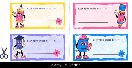 Schulanhänger Aufkleber Vektor Set Maskottchen Zeichen mit Bleistift Marker Rucksack für Ordner oder Schultasche Stock Vektor