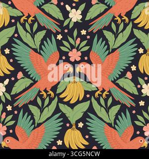 Drucken. Vektor-IllustrationWhimsical Vintage Papageienbanane nahtlose tropische Vektor-Muster mit Blumen exotischen Sommer-Stil Stock Vektor