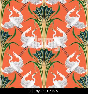 Ein nahtloses artdeco-Vektor-Muster mit eleganten weißen Kranichen und goldenem Laub auf einem orangefarbenen Hintergrund. Stock Vektor