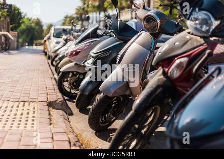 Eine Vielzahl von Motorrädern parkt entlang einer belebten Stadtstraße unter klarem Himmel. Palmen verleihen der pulsierenden Szene eine tropische Atmosphäre Stockfoto