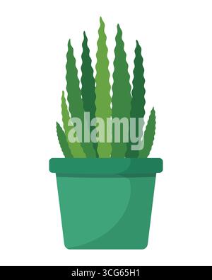 Aloe Vera mit langen Blättern im grünen Blumentopf isoliert auf weißem Hintergrund. Zimmerpflanzen- und Hausgartenkonzept. Illustration des flachen Vektors. Stock Vektor