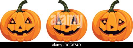 Ein Satz von lächelnden Kürbissen mit Lichtern in den Augen. Saftige, helle Kürbisse für Halloween. Festliches Element auf weißem Hintergrund. Handgezeichnet Stock Vektor